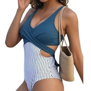 NWT Musemaker Blue Striped Tummy Control Slimming Wrap One Piece Swimsuit Large